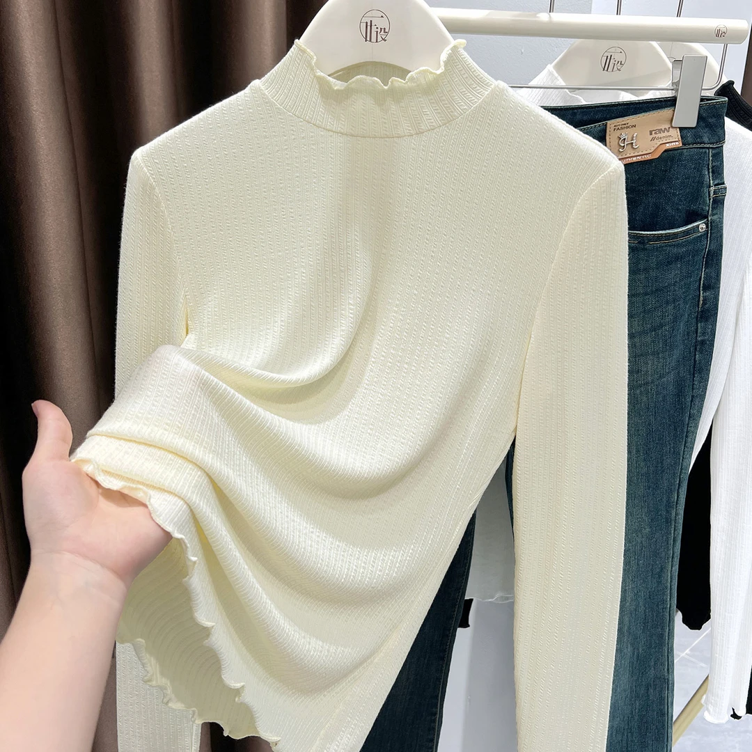 高级感木耳边正肩T恤女秋冬新款杏色半高领针织长袖修身打底上衣
