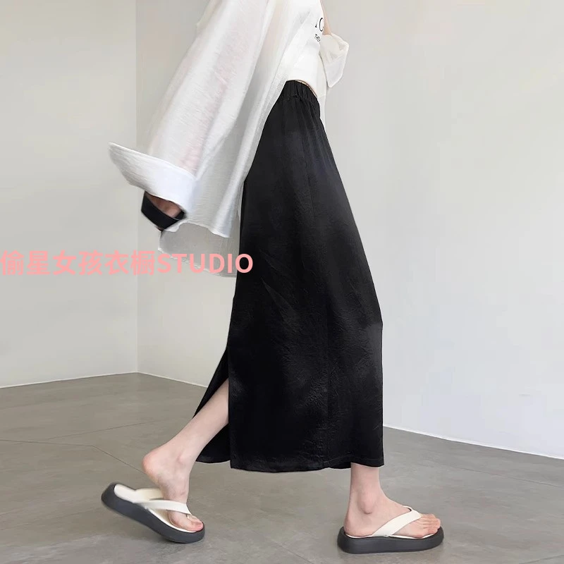 黑色醋酸半裙女夏季2025新款松紧腰新中式国风肌理感高端缎面长裙