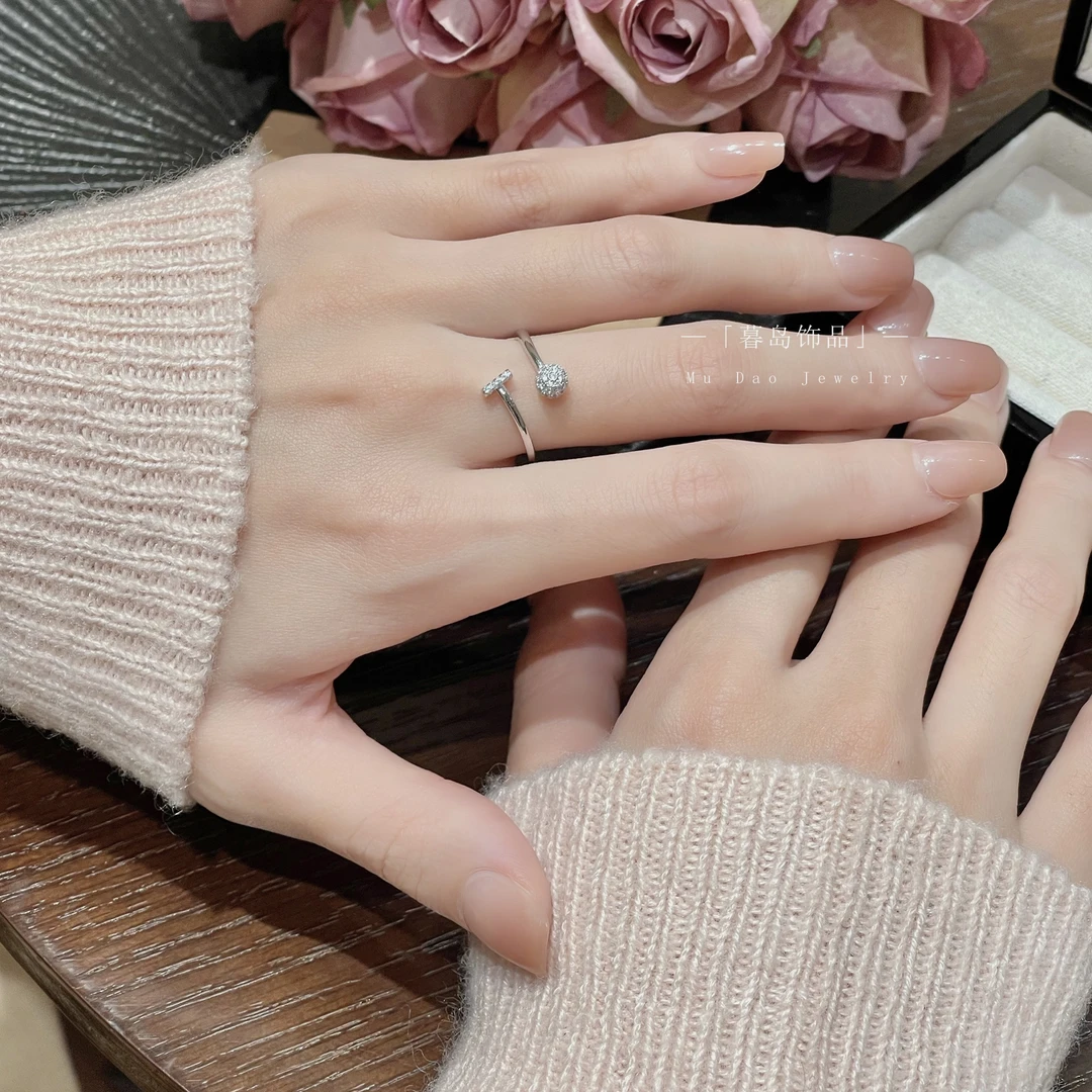 【暮岛饰品】银色简约钉子小球拼接活口戒指轻奢A063