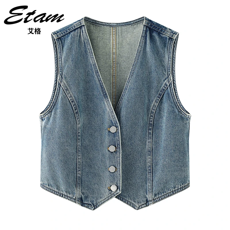 Etam/艾格复古浅牛仔蓝无袖马甲2025夏季新款外搭叠穿百搭上衣女