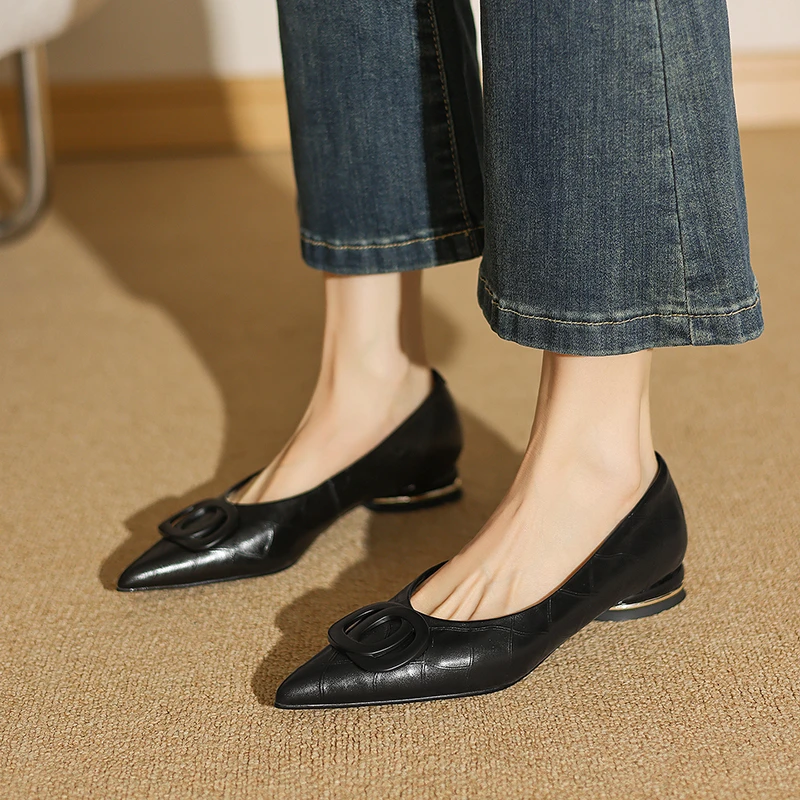 软羊皮/2公分 真皮平底浅口单鞋女法式方扣时尚舒适软底低跟鞋女