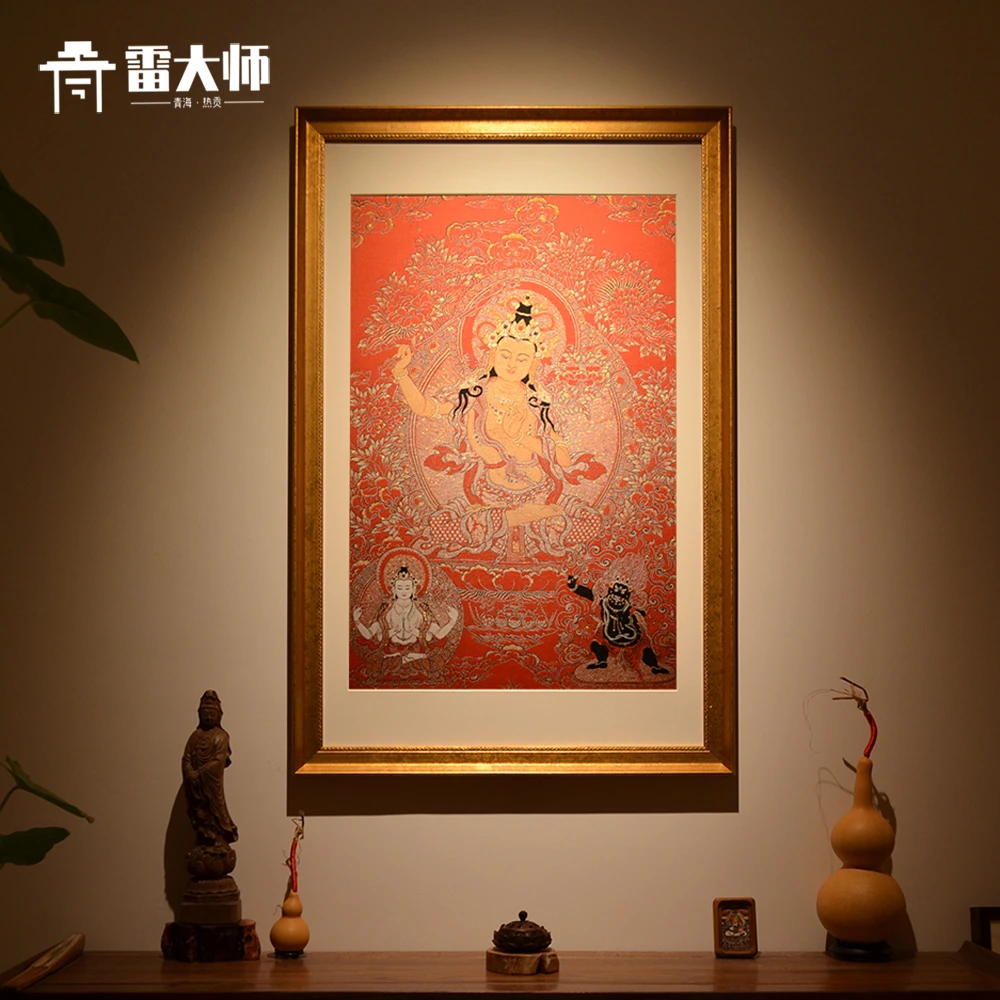 刺绣文殊菩萨唐卡茶室玄关装饰画客厅背景墙挂画沙发餐厅入户挂画
