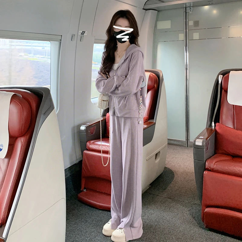 2025春秋季新款女士韩系休闲运动卫衣连帽开衫直筒休闲裤两件套装
