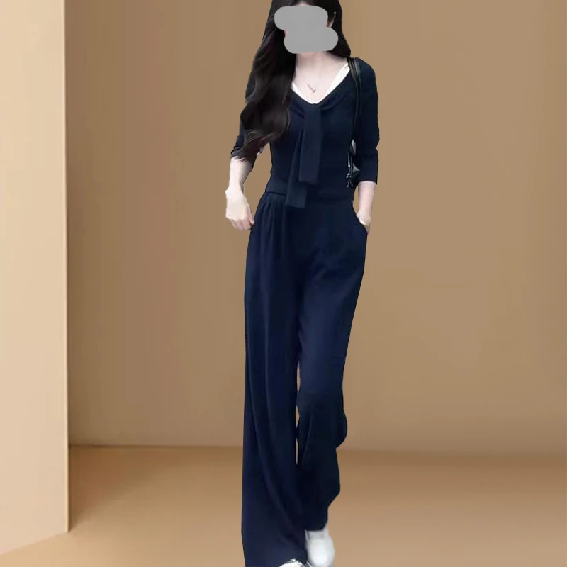 韩系设计感2025超火夏季一整套拼接针织上衣垂感直筒裤减龄套装