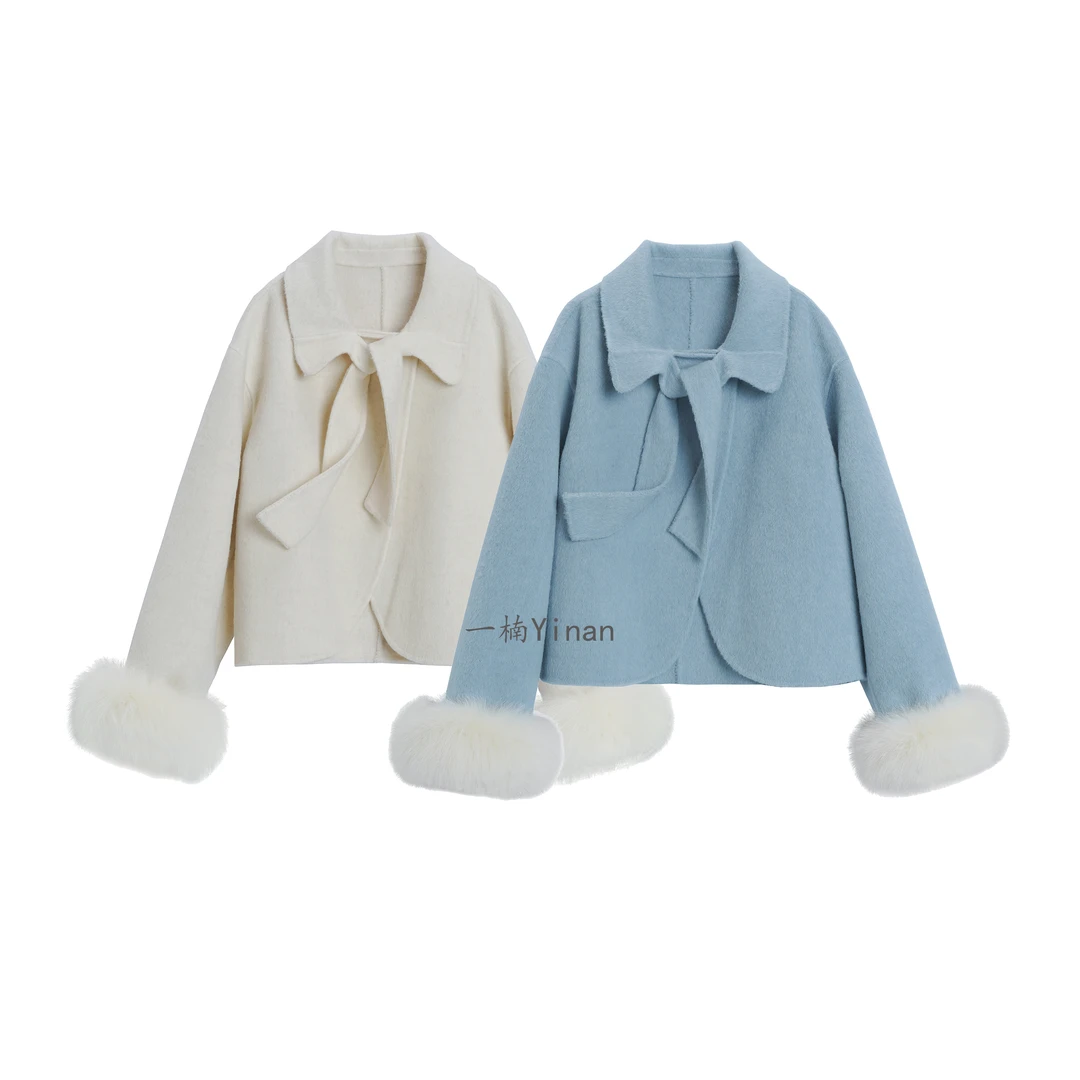 千斤感短外套法式透气翻领飘带厚款大衣女短款上衣绵羊毛大衣
