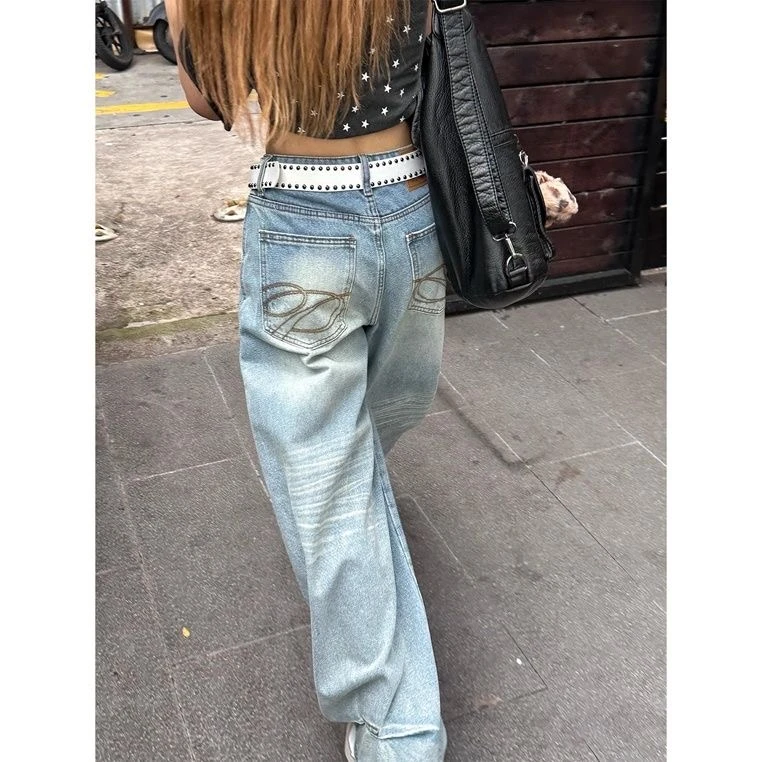 大码美式复古口袋刺绣牛仔裤女夏季新款宽松高腰显瘦阔腿拖地长裤