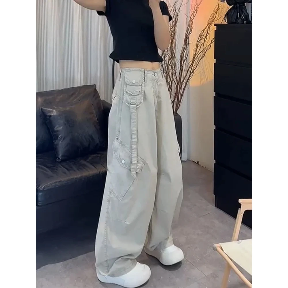 美式复古口袋工装牛仔裤女2025夏季薄款高级感休闲显瘦百搭阔腿裤