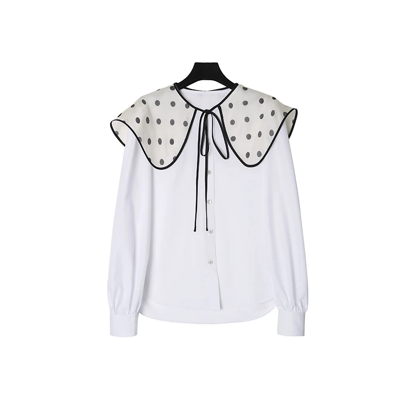 CELLENDI手洗减龄欧根纱缎面丝波点撞色蝴蝶结系带白衬衣21020