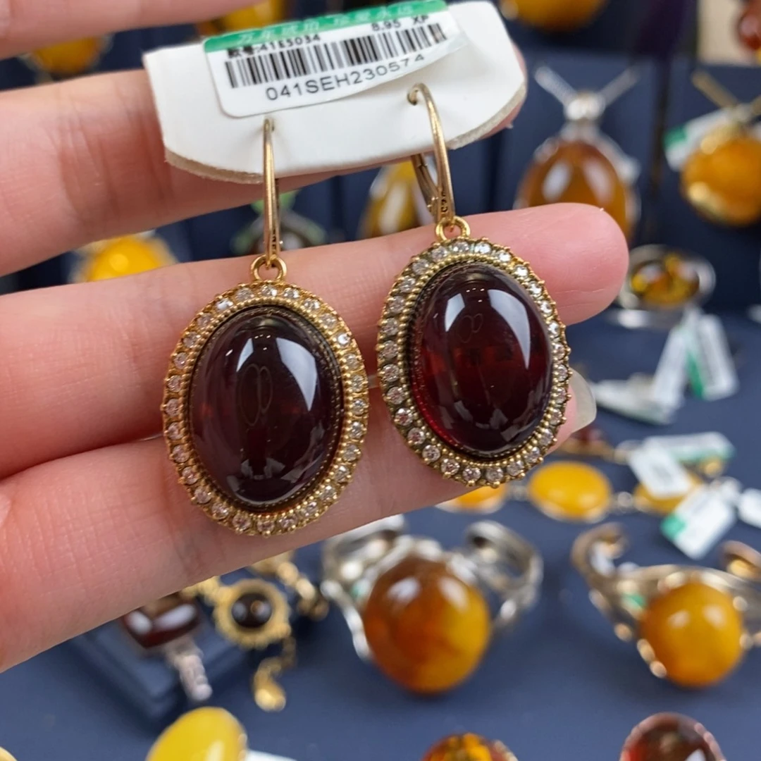 琥珀耳饰银S925镀金镶嵌