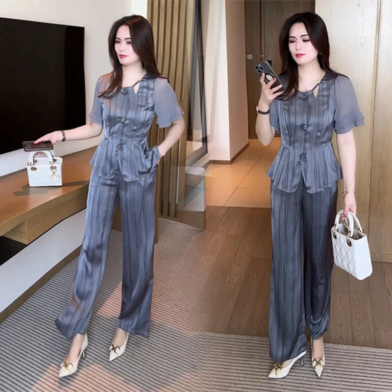 2025夏季新款穿搭显瘦收腰洋气时尚气质蕾丝拼接短袖套装