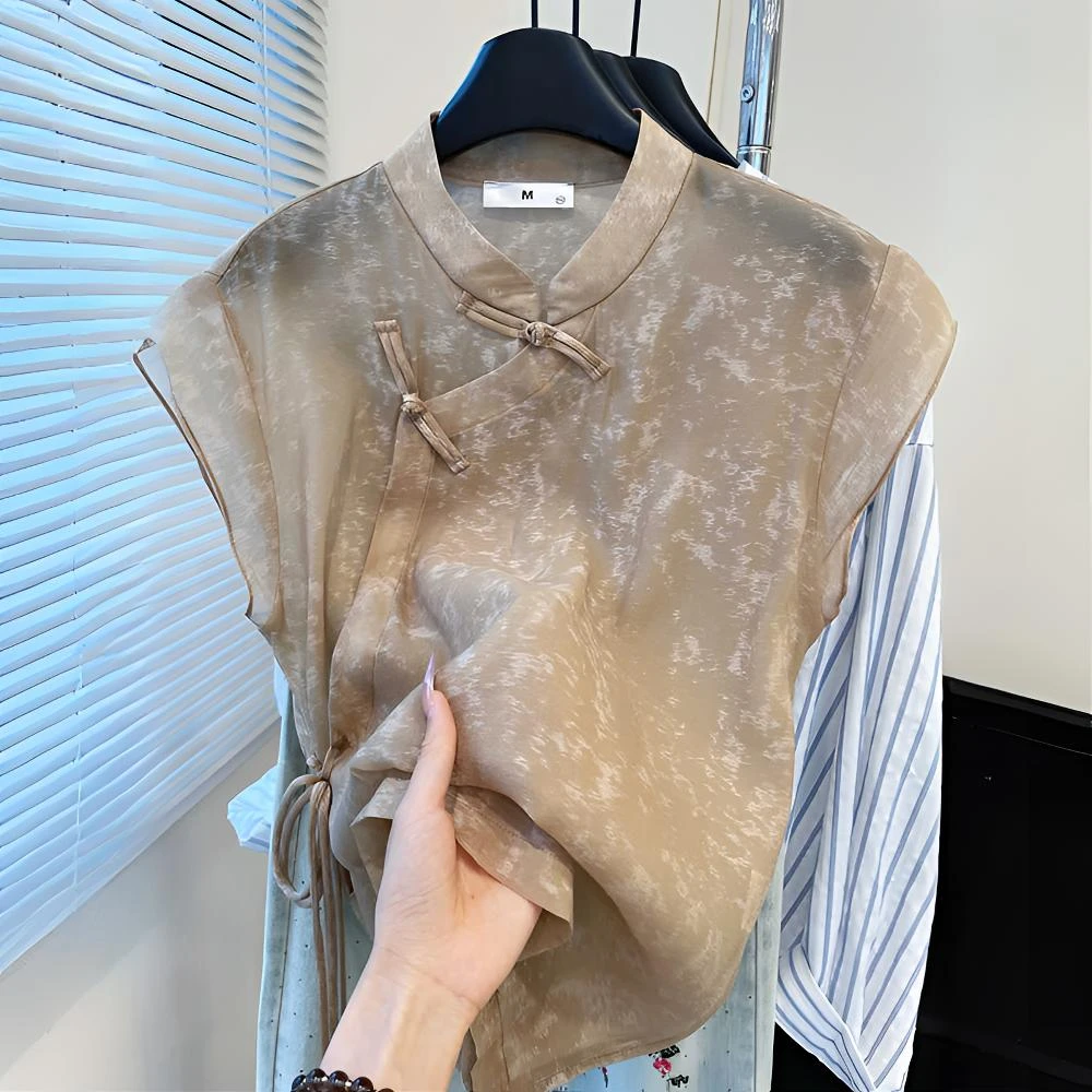 复古国风无袖衬衫夏季新中式设计感静奢风气质轻薄小衫百搭上衣女