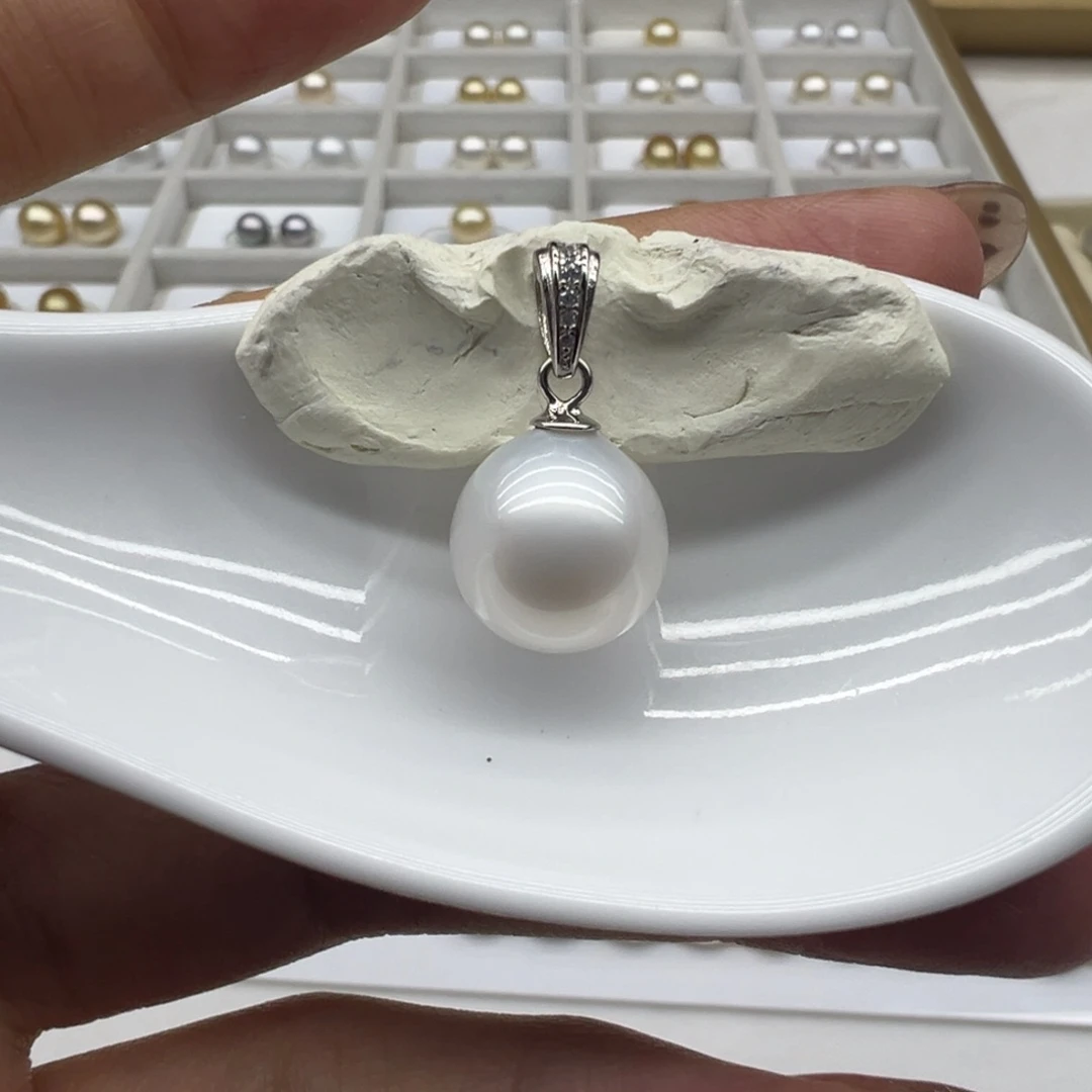 银S925镶嵌澳白 12+  吊坠s925银配件海水珍珠