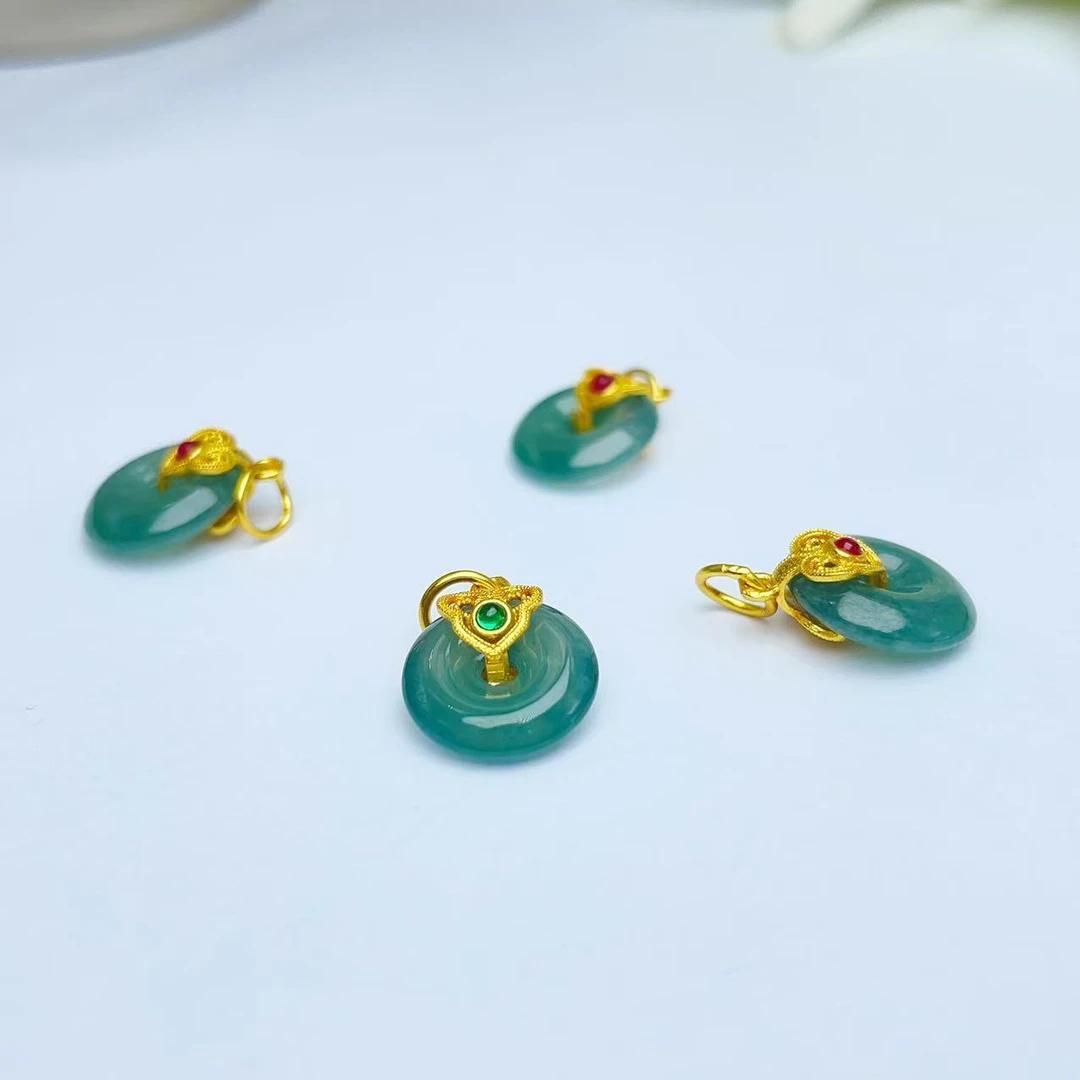 【萌宝饰品】B121天然蓝水翡翠平安扣简约镶嵌国风DIY配件约10*12mm