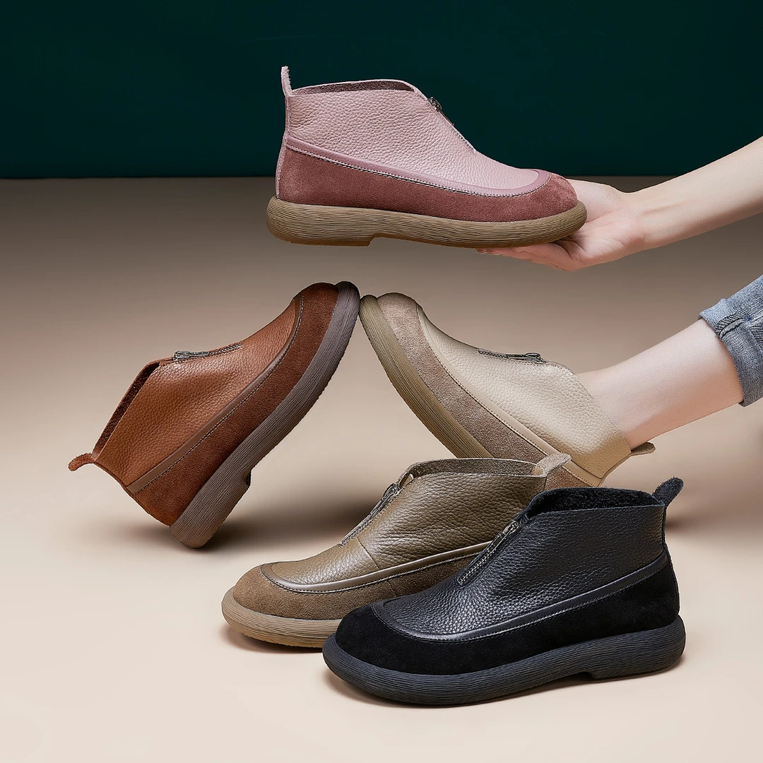 148头层牛皮2024秋冬加绒女靴复古圆头休闲轻便拉链百搭时