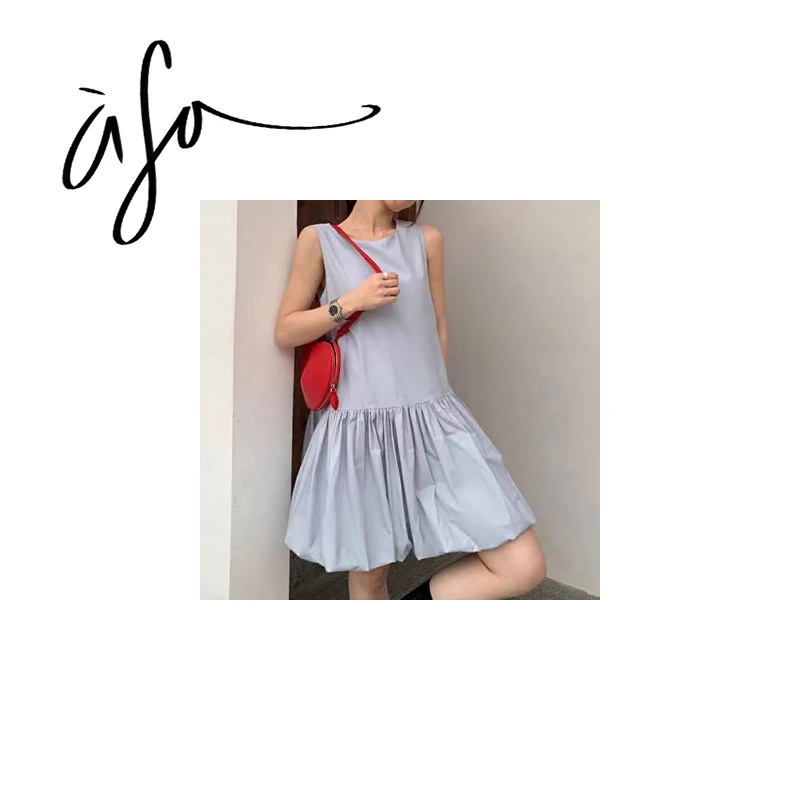 ASA-【灰蓝色无袖圆领拼接工装花苞连衣裙】