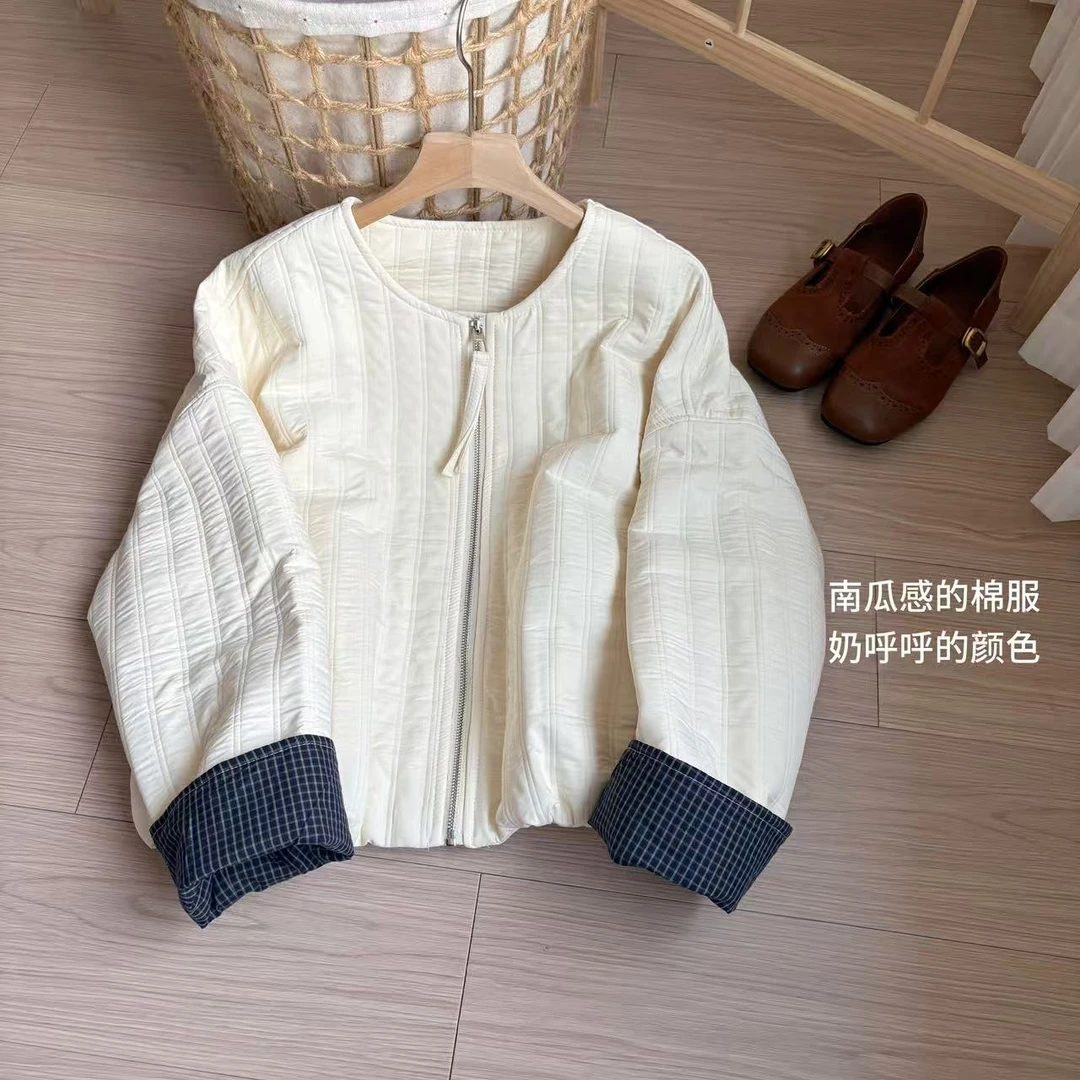 小柒家A0532-长袖纯色圆领宽松型短款棉服棉衣时尚秋冬秋洋气