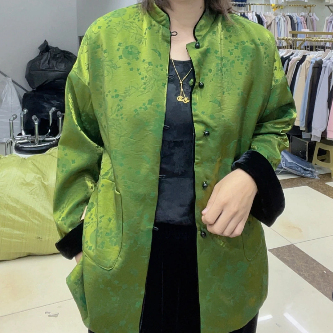 新中式慵懒风(双面穿)提花丝绒拼接盘扣外套
