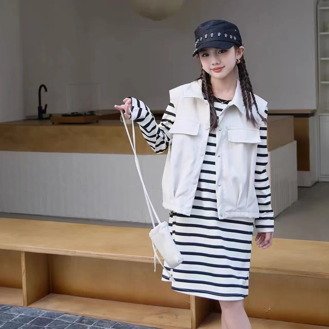 【米果妈】女童2025新款洋气百搭条纹长T马甲两件套B4672