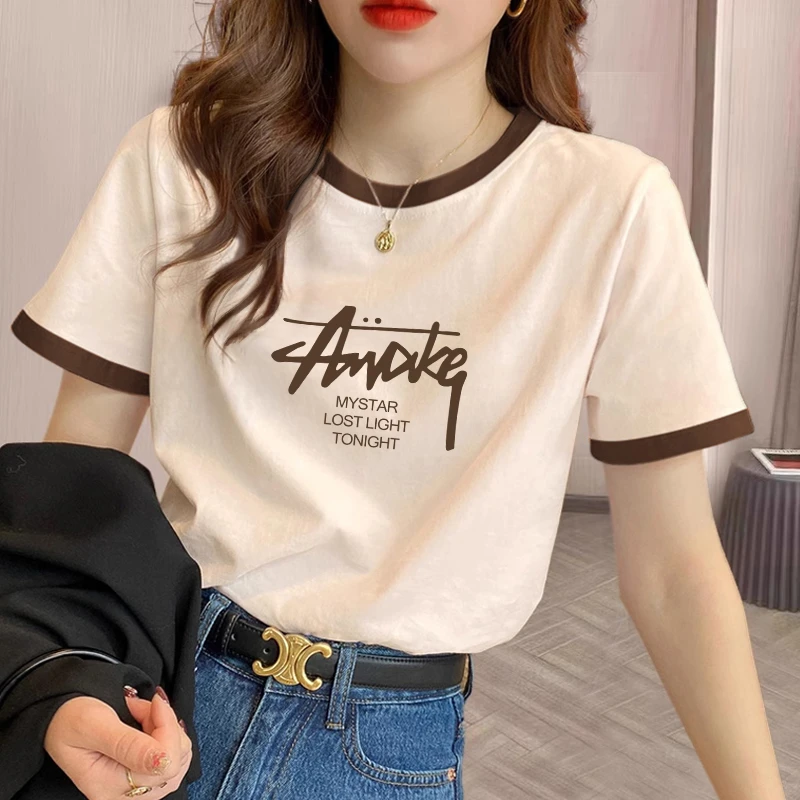 2024年秋季新款印花圆领潮流T恤百搭设计感纯色T恤insT888杏