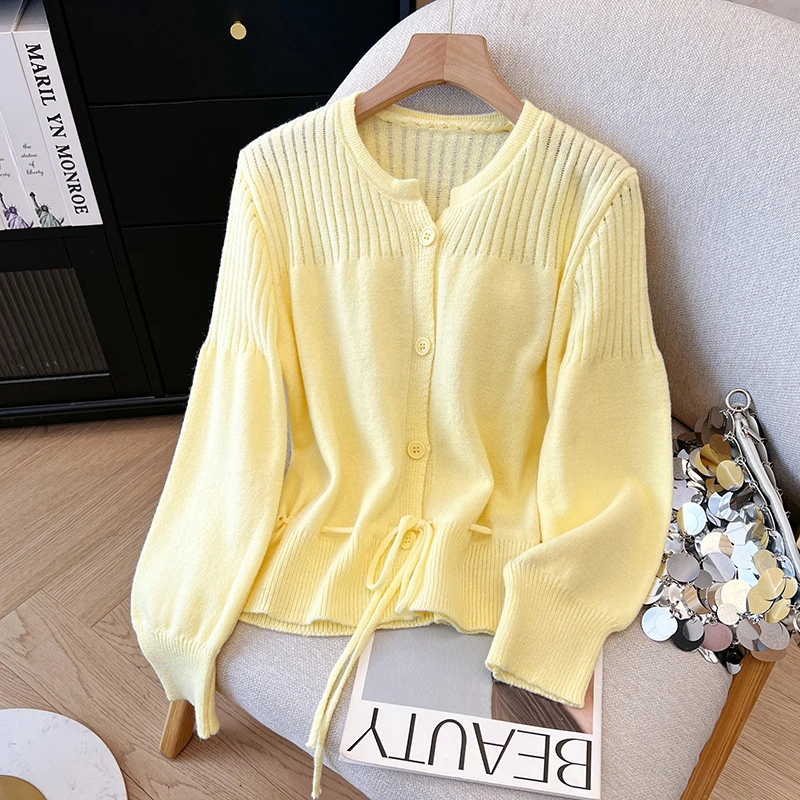 法式下摆抽绳收腰针织衫女2025秋冬新款洋气温柔风开衫长袖上衣潮