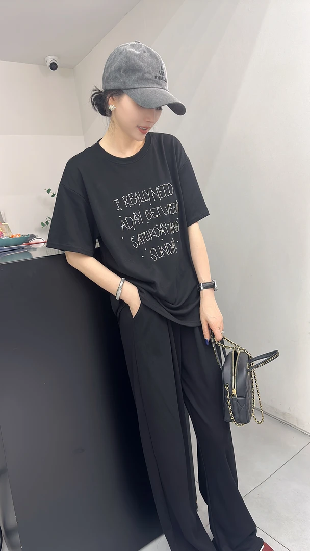 圆领短袖宽松型拓印工艺字母T恤简约百搭重工套装