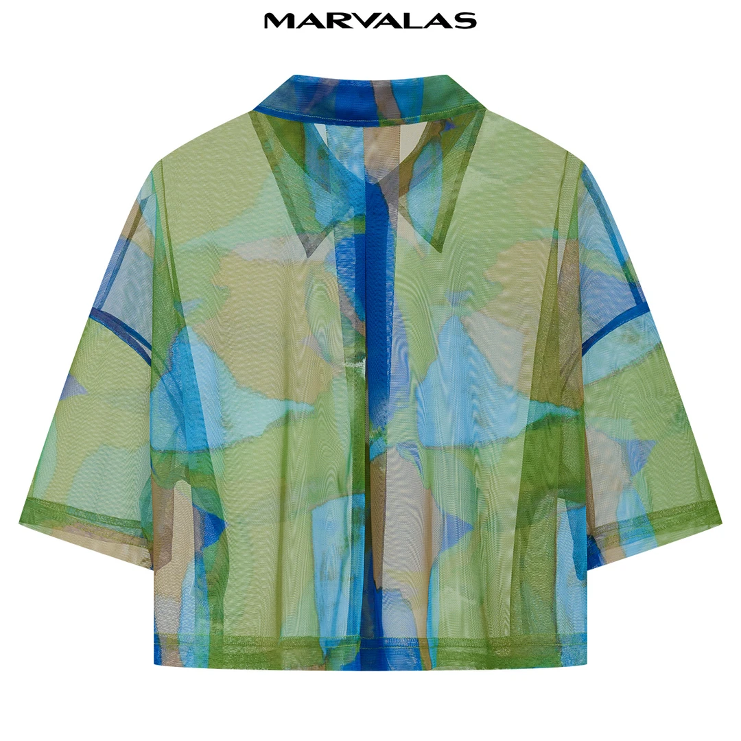 【籽言专属】曼德诗撞色印花衬衫2024夏季新款复古网孔针织衬衣女