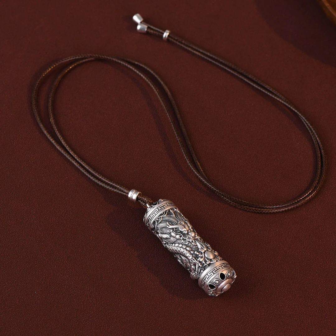 吊坠足银 纯银祥云霸气盘龙柱圆柱吊坠男女复古龙牌项链毛衣链