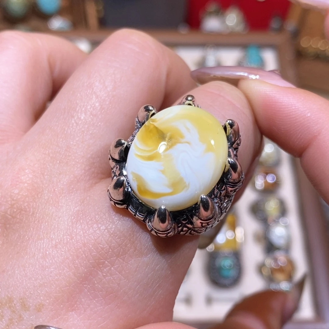 琥珀戒指银S925镶嵌K****乐戒指