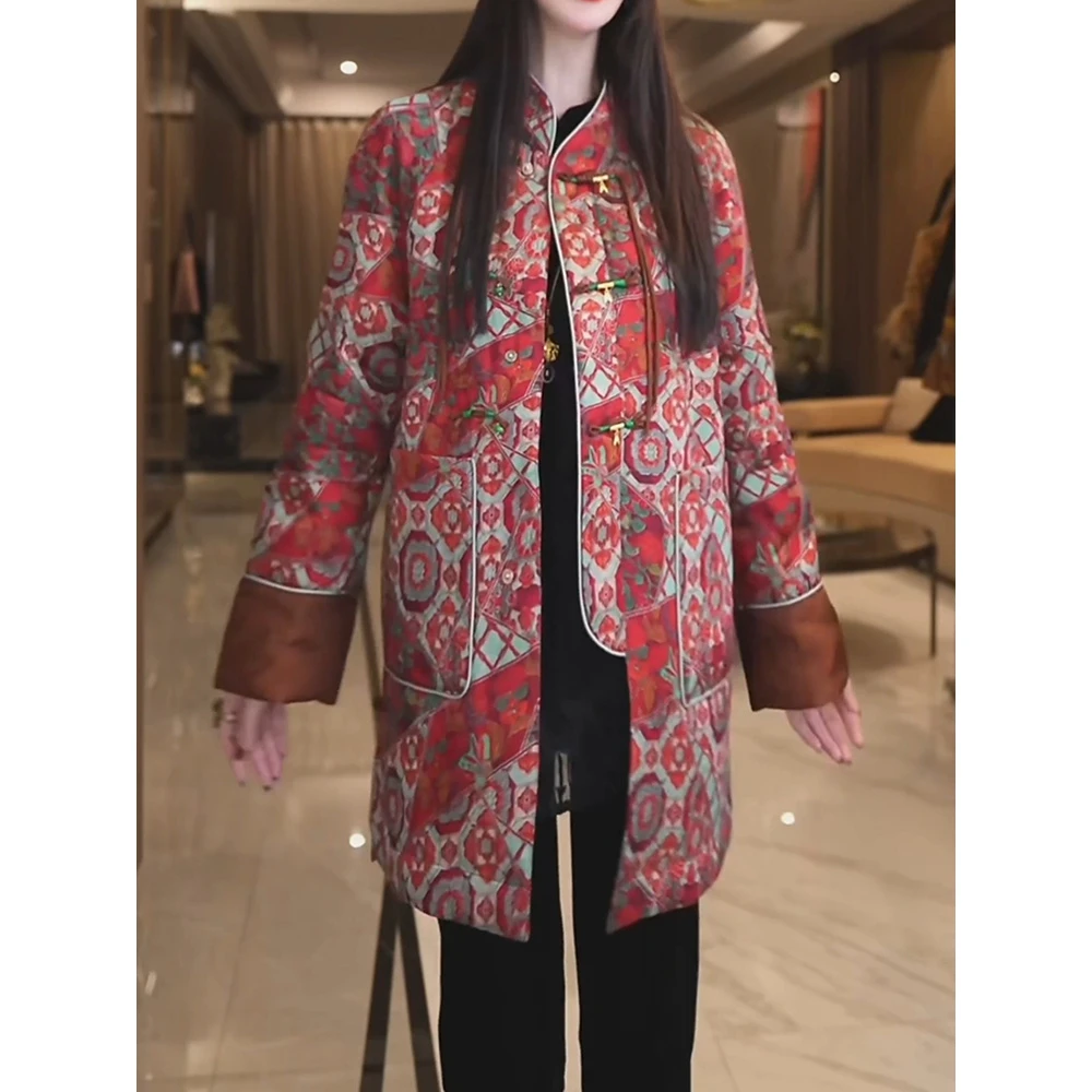 新中式高级轻奢印花盘扣立领羽绒服2025秋新时尚休闲百搭宽松外套