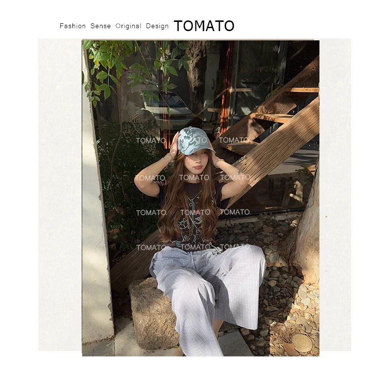 【TomaTo】织光 夏季新款圆领短款字母刺绣猫咪重工短袖C25T051005