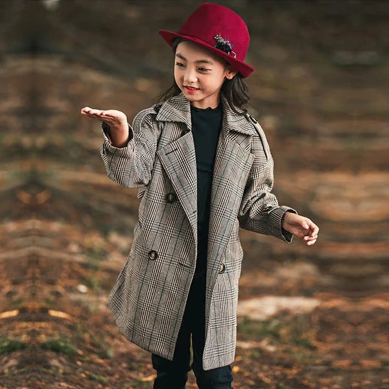 女童春秋风衣2025新款韩版童装中大童女孩中长款儿童磨毛格子外套