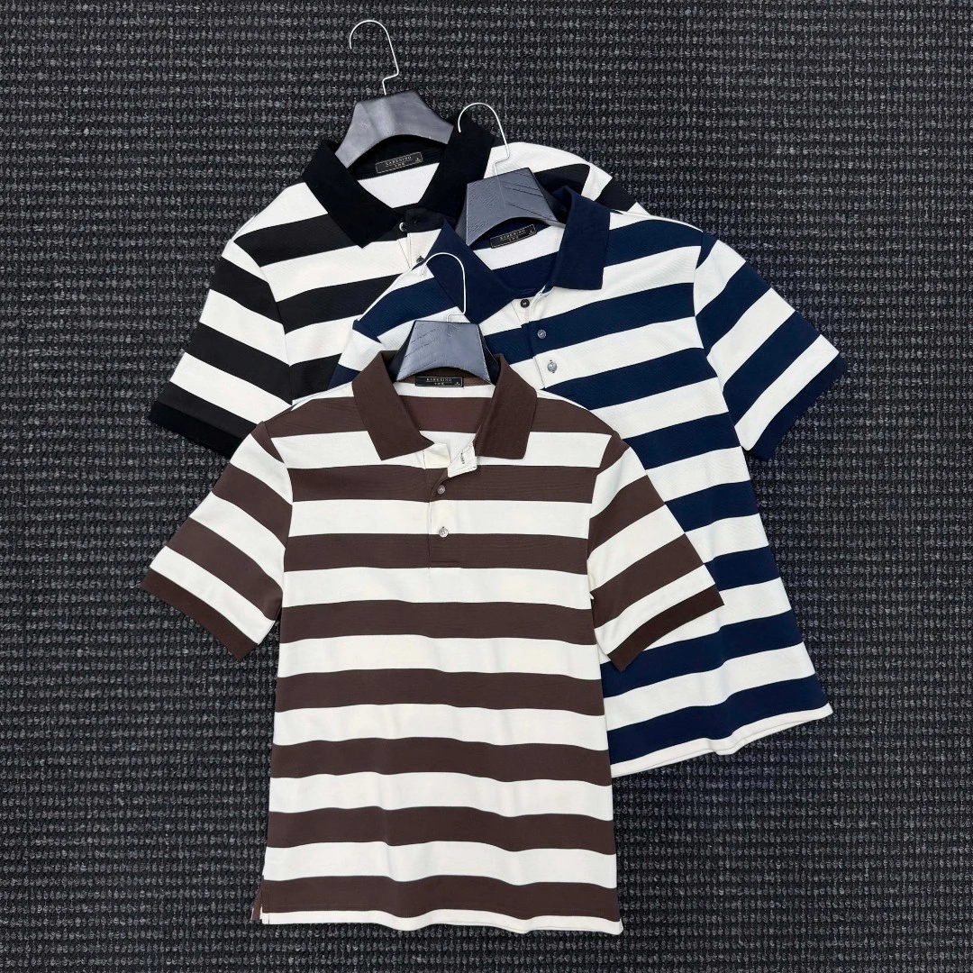 夏季新款透气男士条纹翻领针织POLO衫时尚休闲商务高级感短袖T恤
