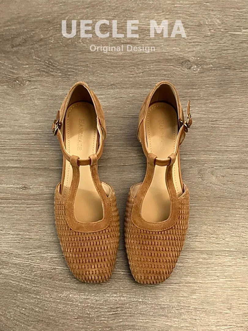 复古编织绝美罗马凉鞋女配裙子中空玛丽珍粗跟包头单鞋