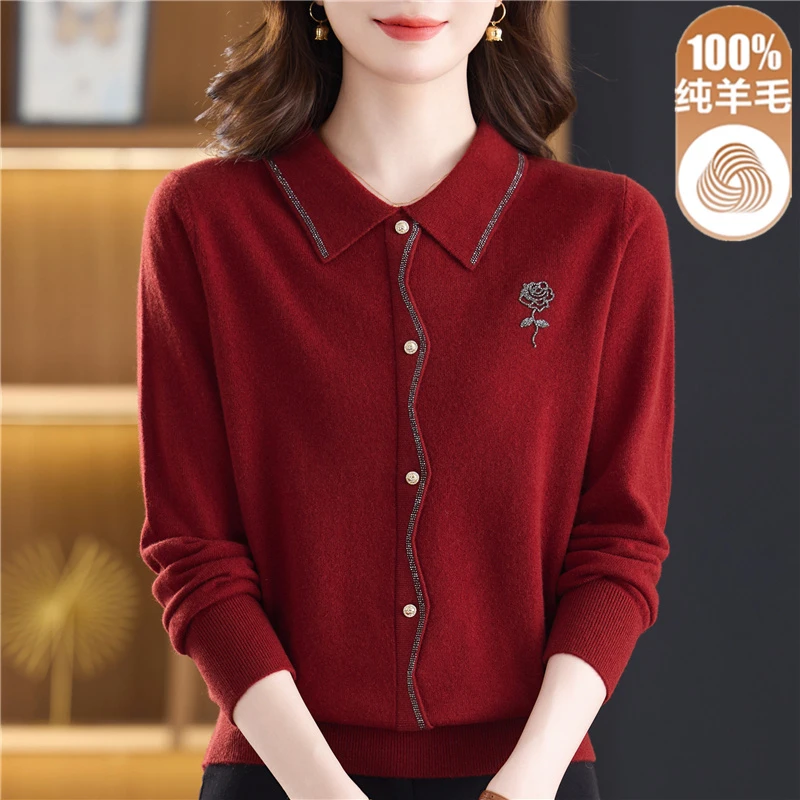 妈妈100纯羊毛衫翻领毛衣中老年女装秋冬宽松大码洋气针织打底衫