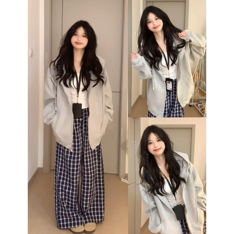 韩系慵懒风灰色卫衣女2025新款休闲宽松小个子连帽运动开衫外套潮