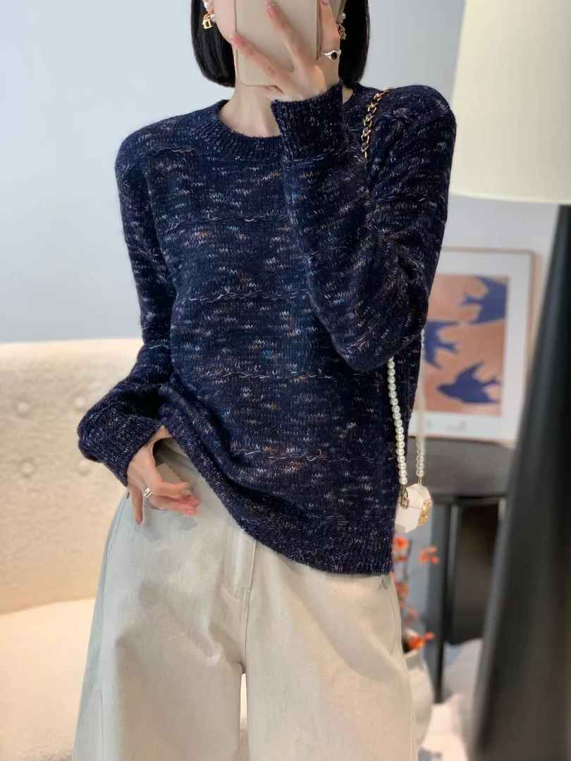 ins时尚复古彩色花纱针织衫女欧洲站秋季新款欧货加厚圆领毛衣