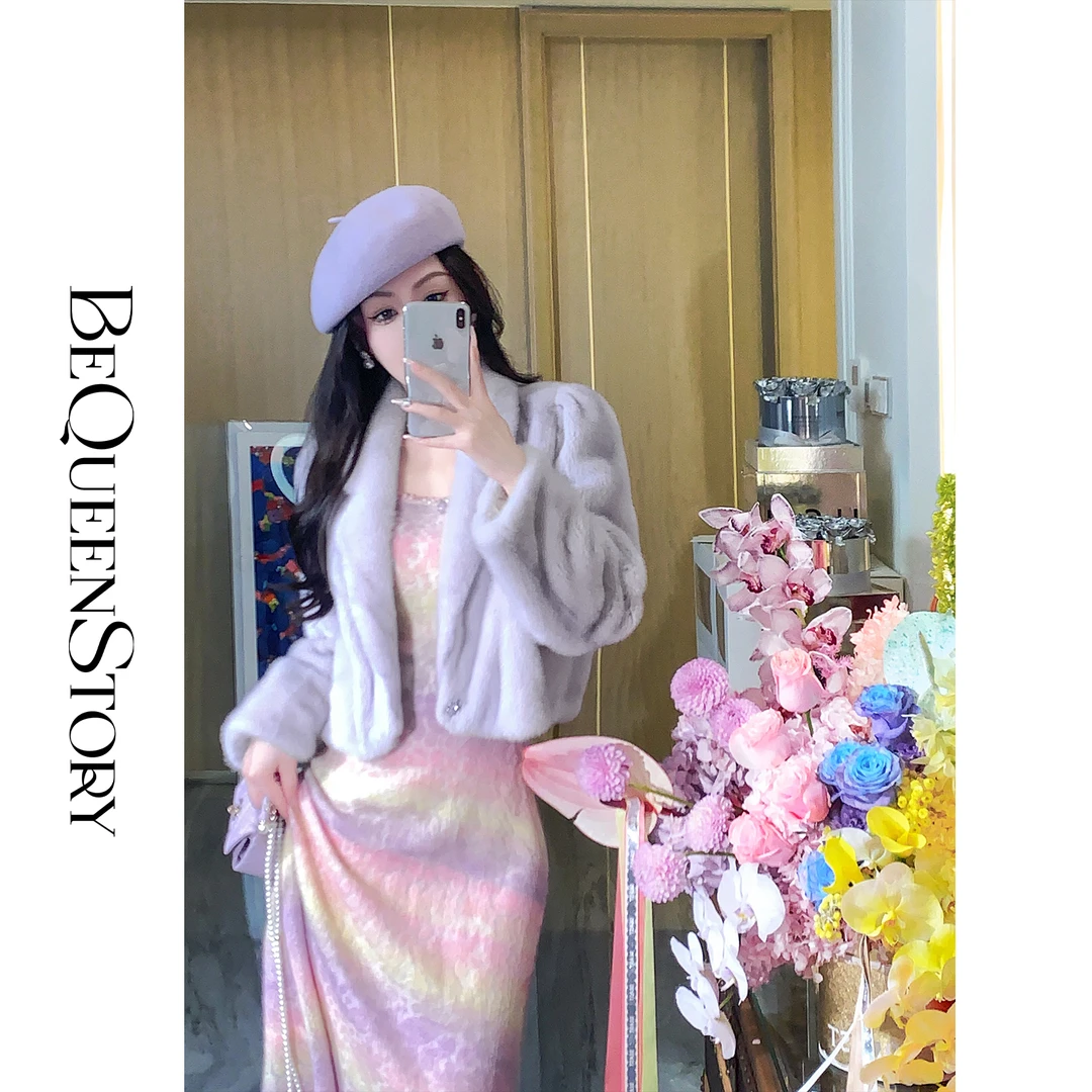 余潇潇【高阶白富美】水貂毛气质翻领泡泡袖皮草外套女