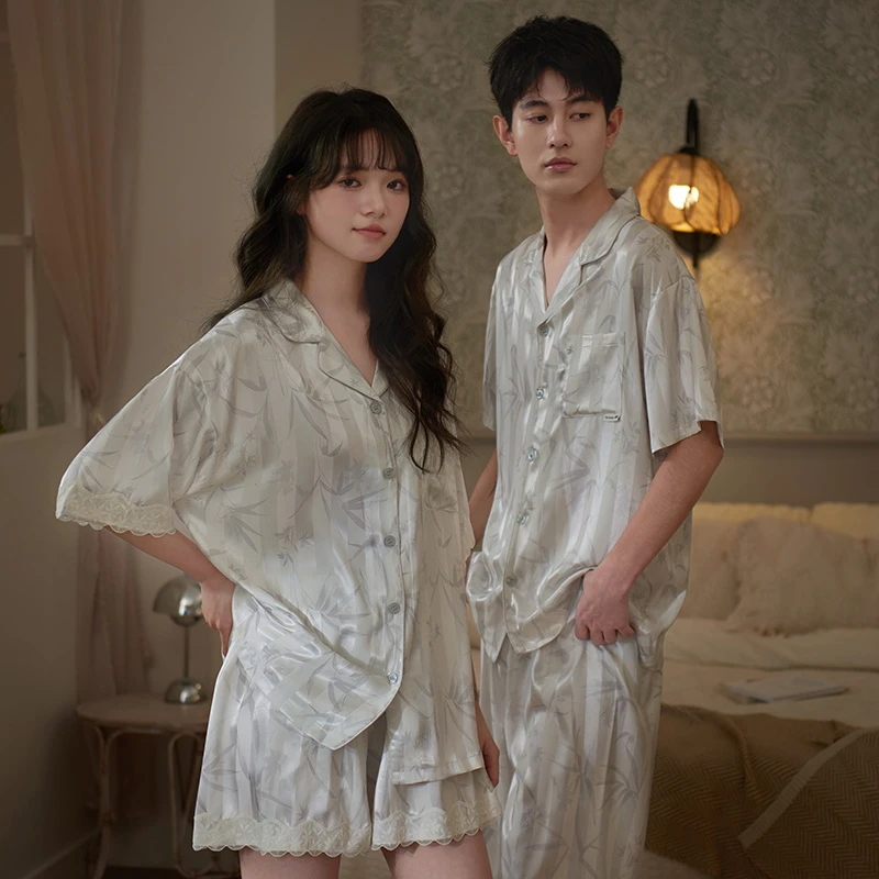 马克公主情侣睡衣女夏季新款凉感冰丝短袖男士轻奢丝绸国风家居服