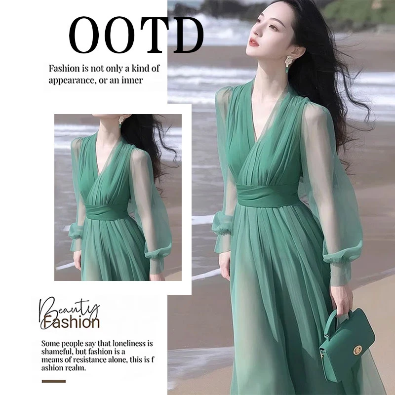 上流社会正式场合高端名媛气质女神范轻奢高级感绿色雪纺连衣裙潮