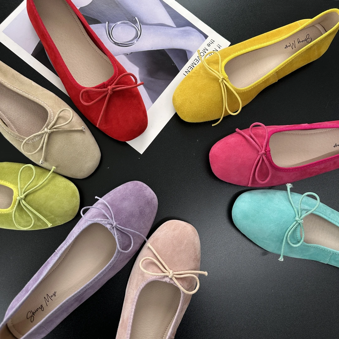 ShinyMuse新款真皮羊猄皮方头浅口芭蕾舞舒适百搭软底红色单鞋