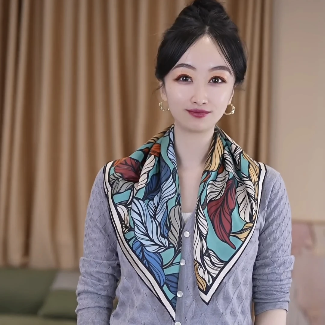 100纯桑蚕丝桑丝绫65小方巾真丝围巾女款时尚百搭丝巾彩色叶子