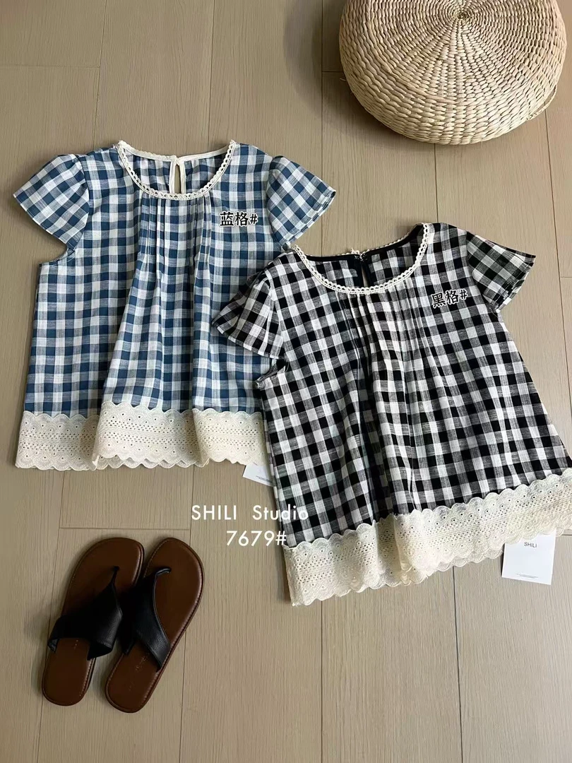 十里@7679 韩系撞色拼接格子小衫上衣（衣长56） 5-25