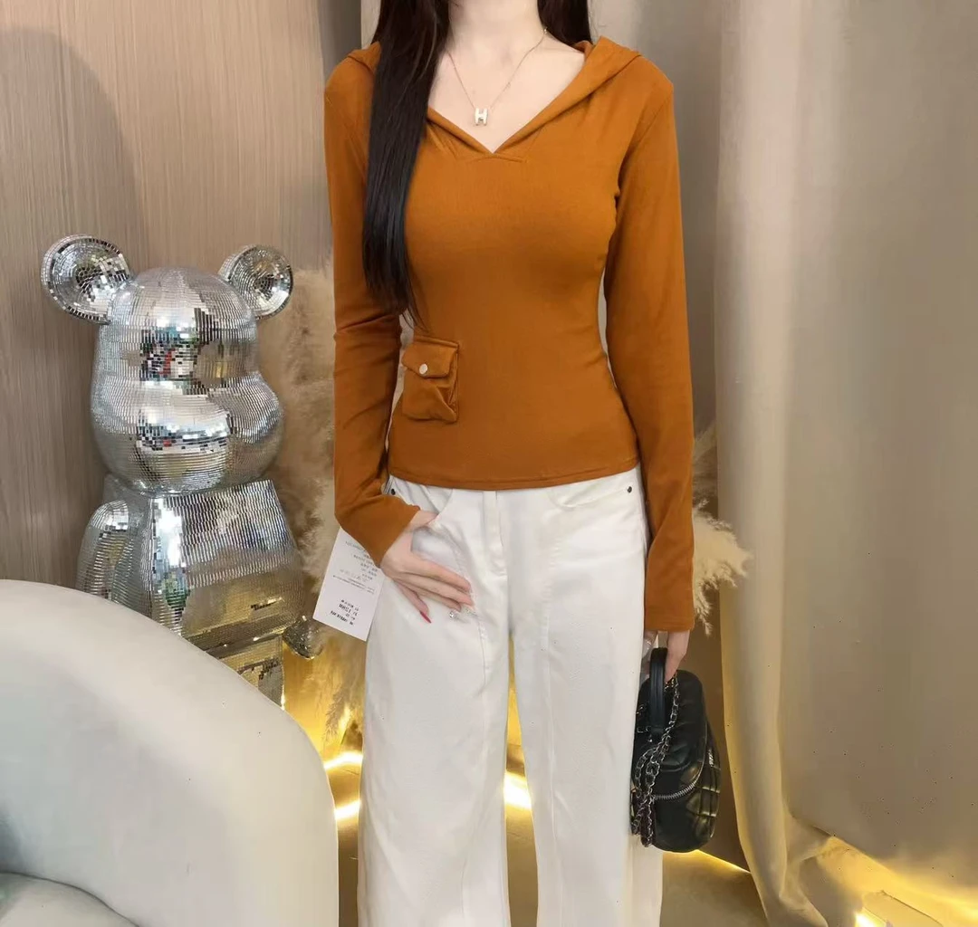 2025秋冬气质百搭韩版长袖紧身T恤春秋连帽V领长袖显瘦打底衫女
