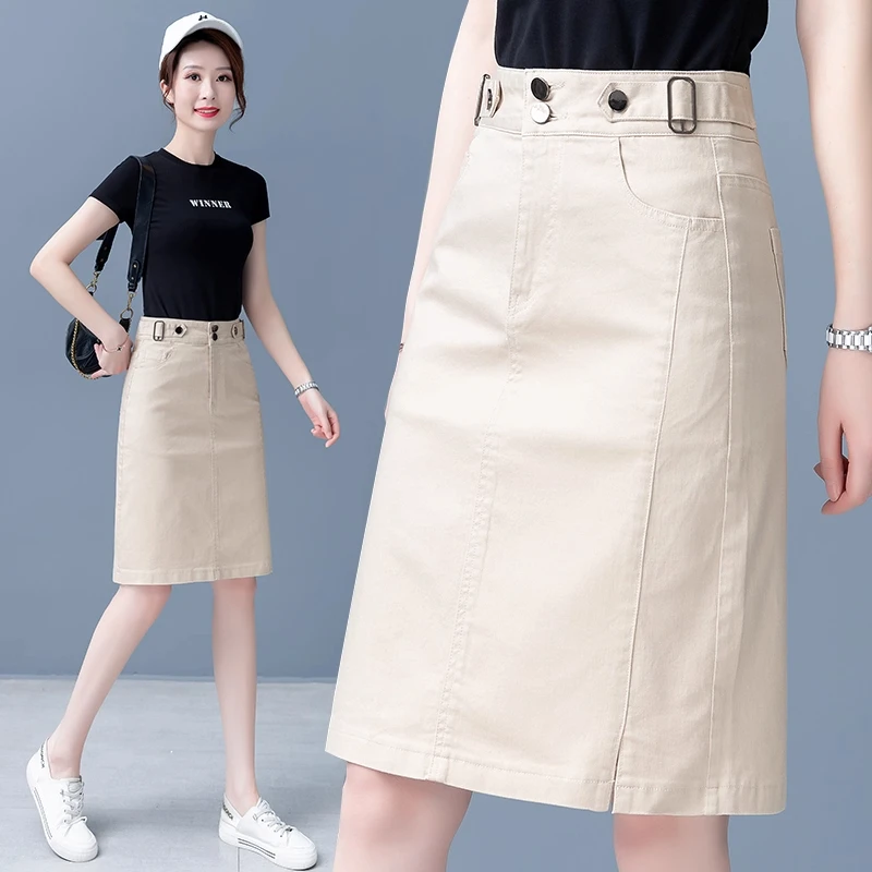 拉夏贝尔牛仔半身裙女2025夏秋季新款高腰显瘦开叉中长款包臀裙