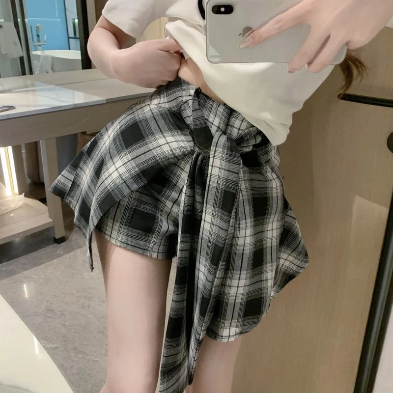 酷飒风女装高级感不规则格子短裙黑色绑带梵高不规则短裙夏季