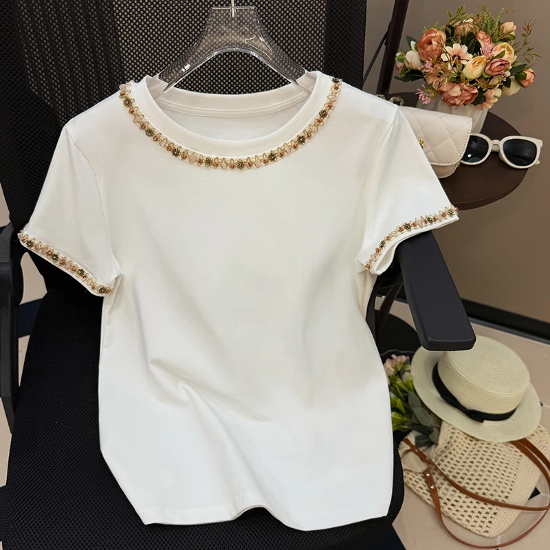 设计感重工艺串珠短袖t恤女夏洋气独特漂亮小衫韩版休闲百搭上衣