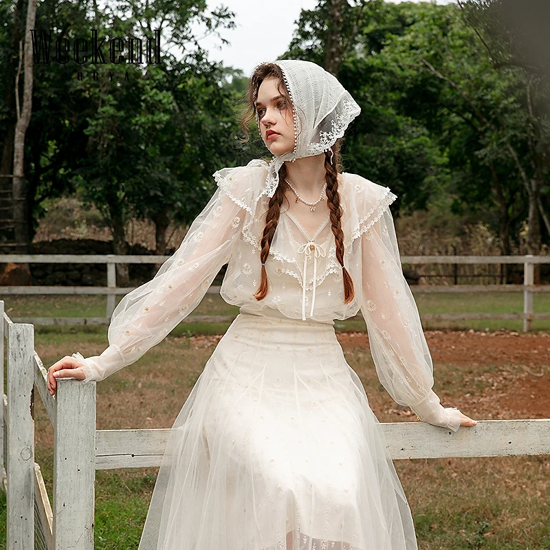 尤莱特|卓雅周末网纱绣花荷叶边蝴蝶结针织拼接蕾丝衫Q240901A