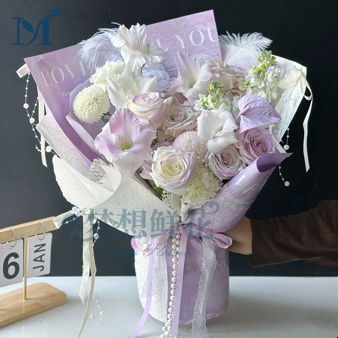 夜夜流光相皎洁（9朵玫瑰花束韩式混搭花束送女友送闺蜜朋友生日花束节日礼物鲜花店）