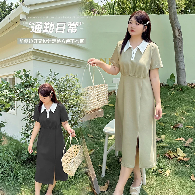 大码polo领新款短袖连衣裙女2025夏季收腰简约通勤中长裙232224