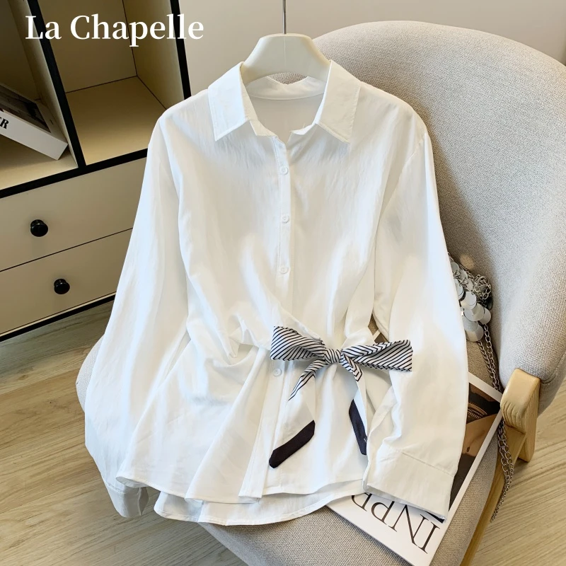 拉夏贝尔秋季新款收腰显瘦设计感小众轻熟丝巾时尚别致长袖衬衣女